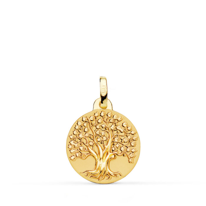 18K MEDALLA ORO AMARILLO ARBOL DE LA VIDA MATIZADA y BRILLO 16 MM