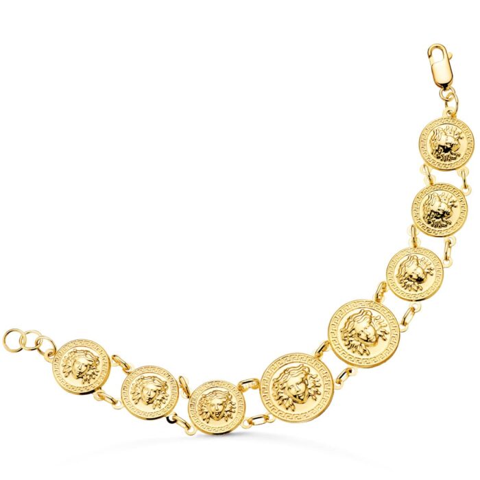 18K PULSERA ORO AMARILLO CON MEDUSAS DE 20 Y 15 MM LARGO 20.5 CM