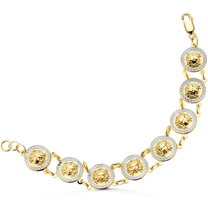 18K PULSERA ORO BICOLOR CON MEDUSAS REDONDAS EN BRILLO 15 MM LARGO 19CM