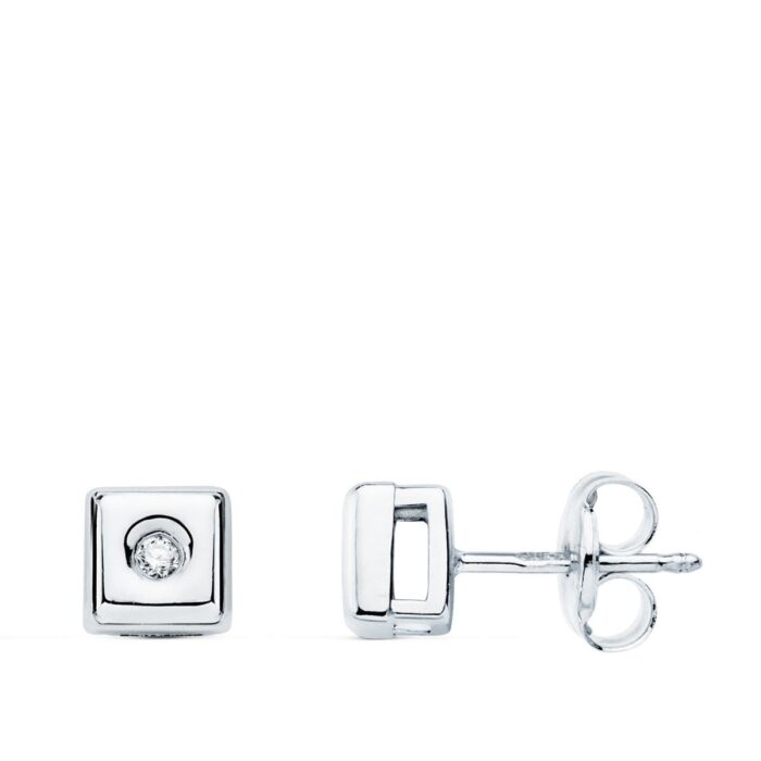 18K PENDIENTES CHATON CUADRADO ORO BLANCO DIAMANTES LABORATORIO 0,040 QTS. G-VS2 CIERRE PRESION 5,5 MM