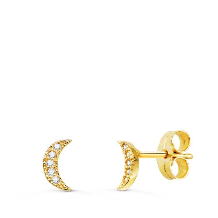 9K PENDIENTES ORO AMARILLO LUNA DIAMANTES 0.05 CTS SI-H 7X3 MM PRESION