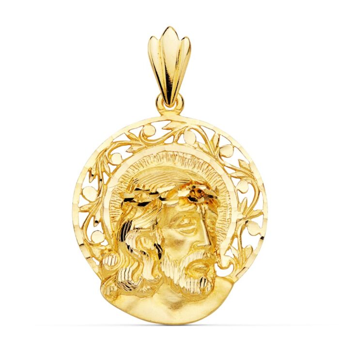18K COLGANTE ORO AMARILLO CABEZA DE CRISTO AUREOLA 29X27 MM