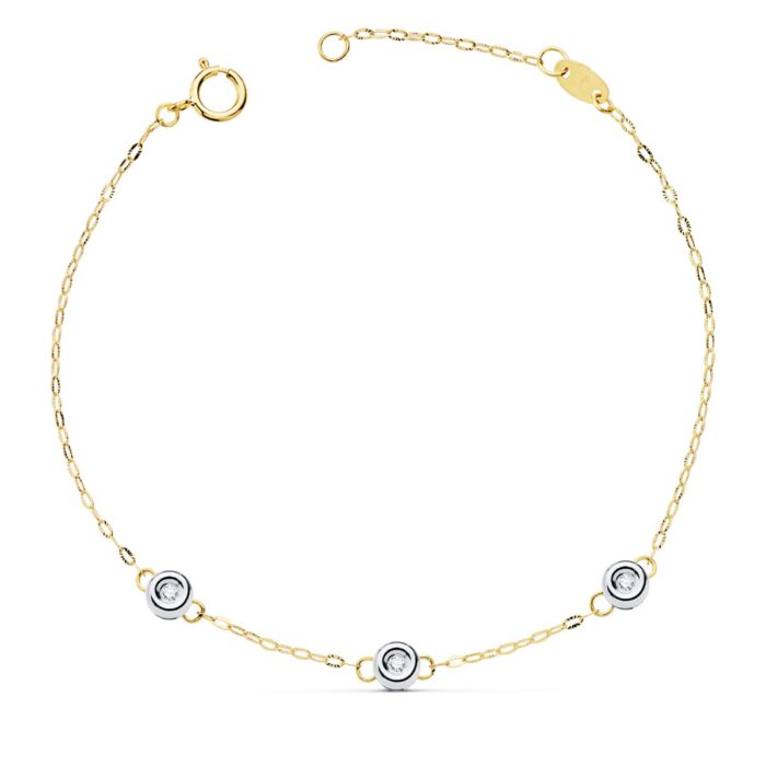 18K PULSERA BICOLOR CADENA FORZADA 3 DIAMANTES LABORATORIO 0,045 QTS.  G-VS2. LARGO: 19 CM
