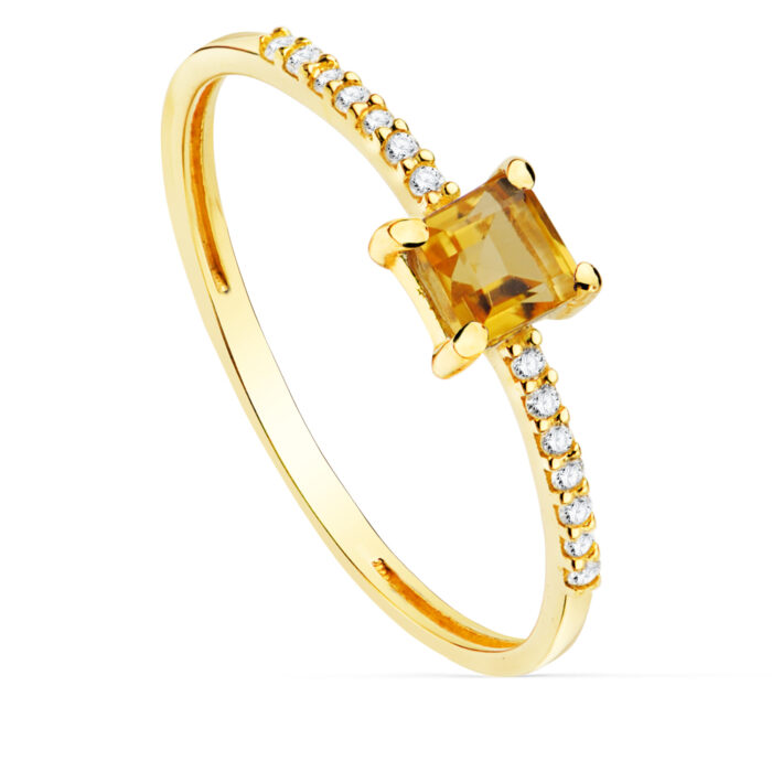 18K SORTIJA ORO AMARILLO 14 DIAMANTES DE LABORATORIO 0,070QTS. G-VS2. CITRINO 4X4MM CUERPO 1 MM