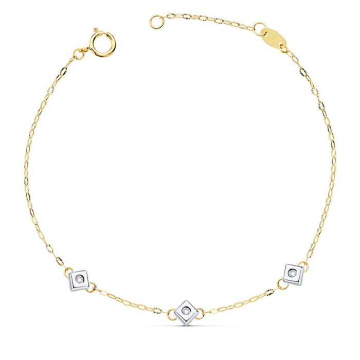 18K PULSERA ORO BICOLOR CHATON DE 3 ROMBOS CON DIAMANTES LABORATORIO  0,045 QTS. VS2-G. LARGO: 17CM
