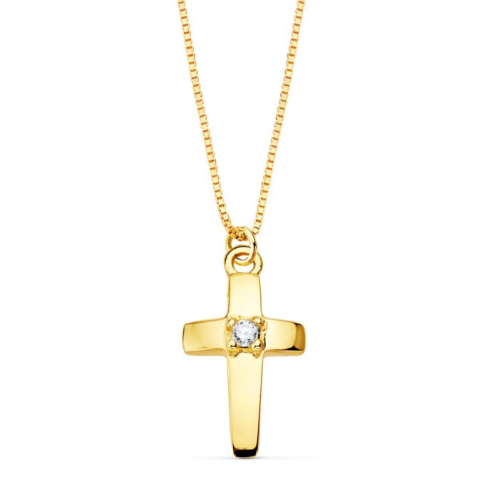 18K COLLAR ORO AMARILLO CRUZ 12X7 MM 1 DIAMANTE LABORATORIO 0,015 QT. CADENA VENECIANA 45CM G-VS2