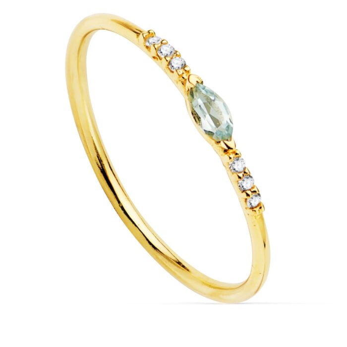 18K SORTIJA ORO AMARILLO DIAMANTES DE LABORATORIO 0,030 QTS. G-VS2 AGUAMARINA 4X2 MMCUERPO 1 MM