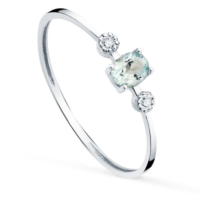 18K SORTIJA ORO BLANCO Y DIAMANTES DE LABORATORIO 0,016 QTS. G-VS2  AGUAMARINA 4X3 MM CUERPO 1 MM
