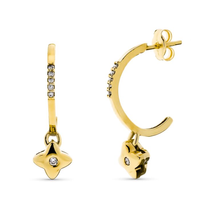 18K AROS ORO AMARILLO CON COLGANTE CHATON Y DIAMANTES LABORATORIO VS2-G 0,160 QTS. MEDIDA: 23X3 MM