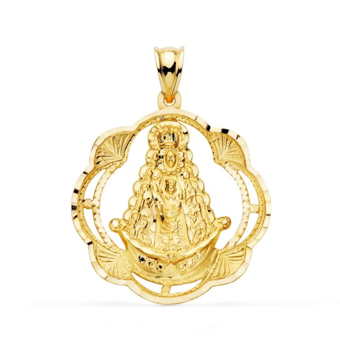 18K MEDALLA ORO AMARILLO VIRGEN DEL ROCIO PANDERETA 31X28 MM