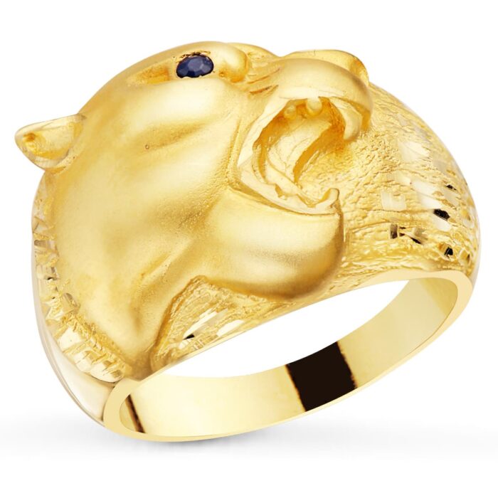 18K SELLO ORO AMARILLO MACIZO PUMA OJO ZAFIRO NATURAL. ANCHO 18 MM