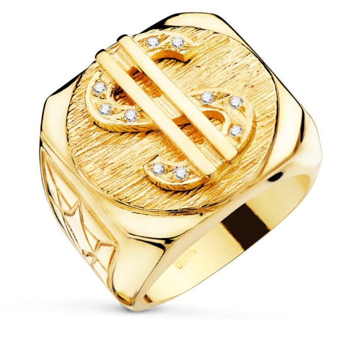 Sello de caballero macizo en oro amarillo de 18 quilates con el símbolo del Dólar en relieve y una circonita brillante engastada.