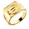Sello de caballero en oro amarillo 18K con diseño de moneda Euro y una circonita blanca brillante engastada en el centro.