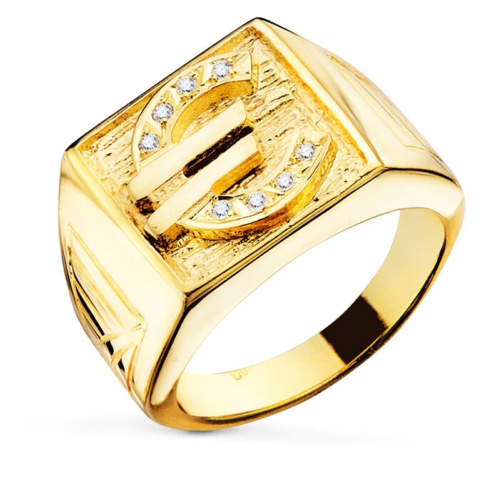 Sello de caballero en oro amarillo 18K con diseño de moneda Euro y una circonita blanca brillante engastada en el centro.