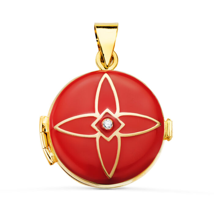 18K PORTAFOTOS COLGANTE ORO AMARILLO GUARDAPELO DIJE REDONDO ESMALTE ROJO DIAMANTE 0.035 QTES. 21 MM