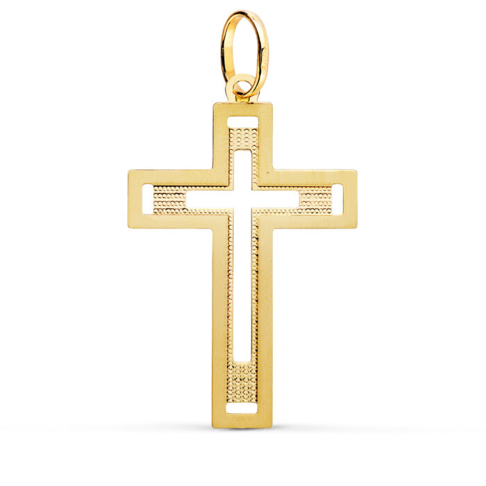 18K CRUZ ORO AMARILLO SIN CRISTO TALLADA Y MATIZADA 35X22 MM