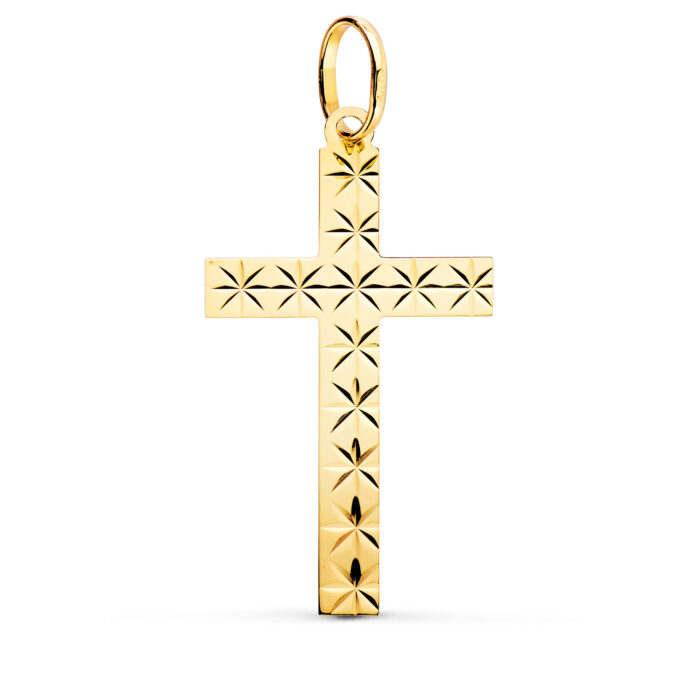 18K CRUZ ORO AMARILLO SIN CRISTO TALLADA 35X19 MM