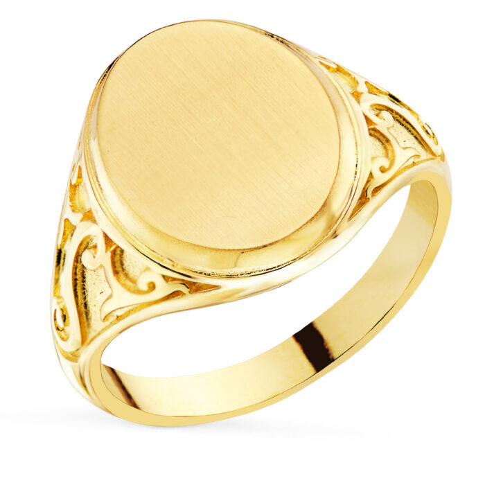 Anillo Sello Oro Amarillo 18K – Cabeza Oval Matizada con Tallados Laterales (14x11 mm)