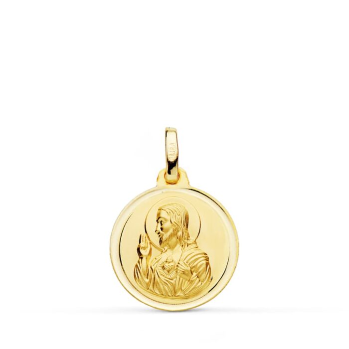18K MEDALLA ORO AMARILLO CRISTO SAGRADO CORAZON DE JESUS BISEL 16 MM