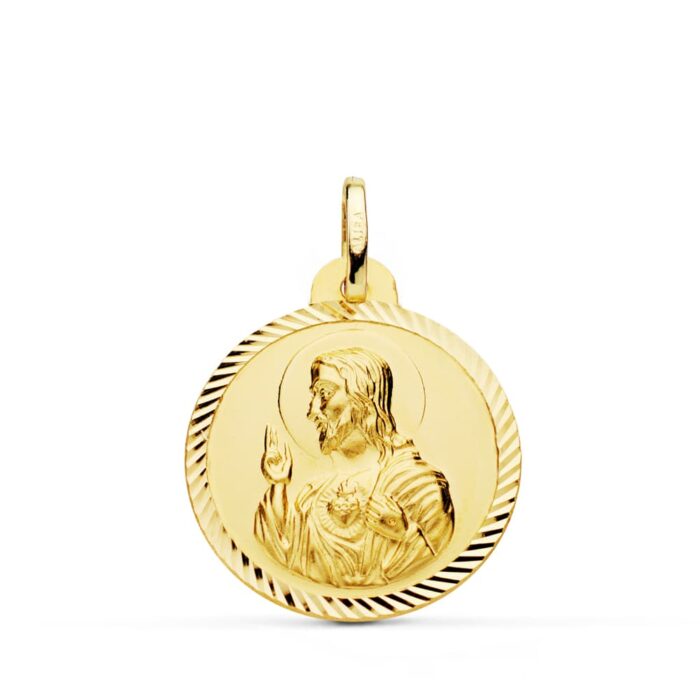 18K MEDALLA ORO AMARILLO CRISTO SAGRADO CORAZON DE JESUS HELICE 22 MM