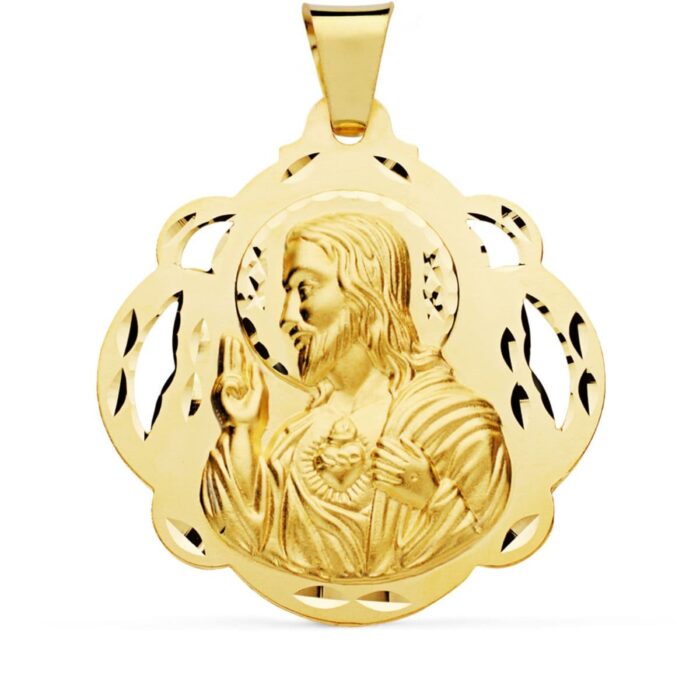 18K MEDALLA ORO AMARILLO CRISTO  SAGRADO CORAZON DE JESUS PANDERETA CALADA 42 MM