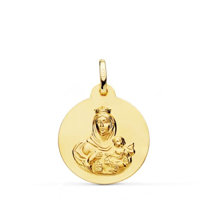 18K MEDALLA ORO AMARILLO VIRGEN DEL CARMEN LISA MATIZADA 20 MM