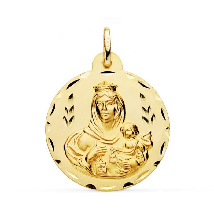 18K MEDALLA ORO AMARILLO VIRGEN DEL CARMEN TALLADA 28 MM