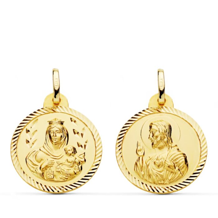 18K ESCAPULARIO ORO AMARILLO HELICE VIRGEN CARMEN Y CORAZON DE JESUS 20 MM