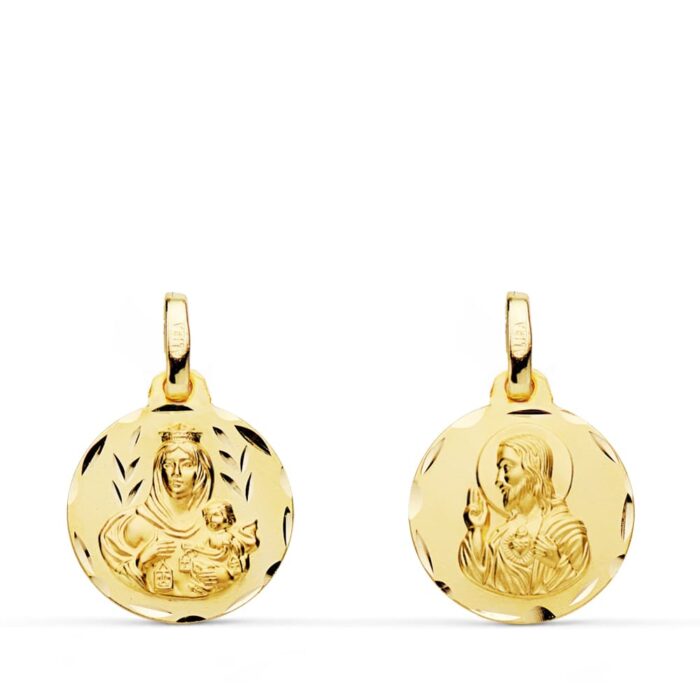 18K ESCAPULARIO ORO AMARILLO TALLADO VIRGEN DEL CARMEN CORAZON DE JESUS 14 MM