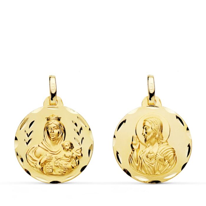 18K ESCAPULARIO ORO AMARILLO TALLADO VIRGEN DEL CARMEN CORAZON DE JESUS 18 MM