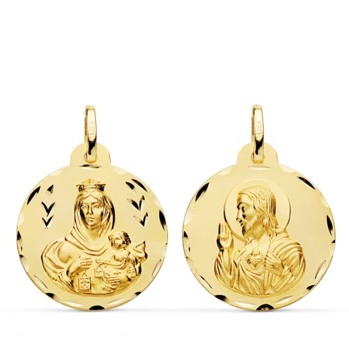18K ESCAPULARIO ORO AMARILLO TALLADO VIRGEN DEL CARMEN Y CORAZON DE JESUS 22 MM
