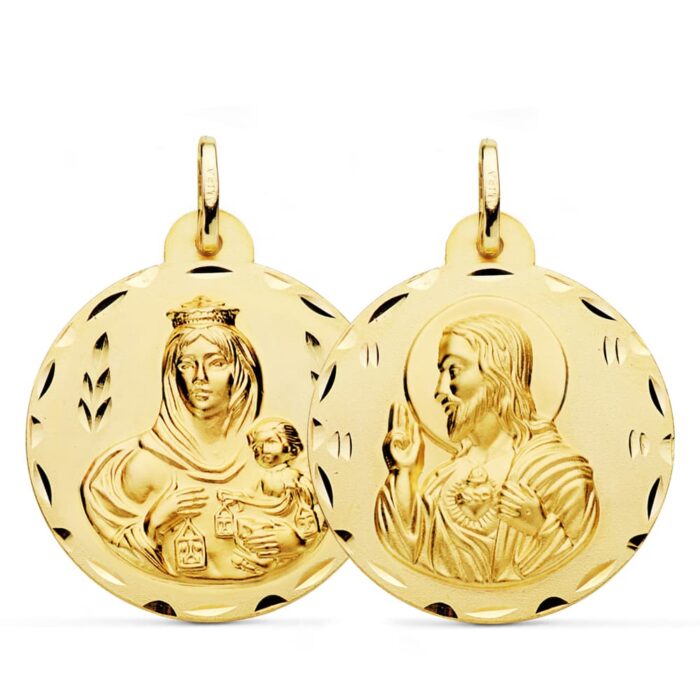 18K ESCAPULARIO ORO AMARILLO TALLADO VIRGEN DEL CARMEN Y CORAZON DE JESUS 28 MM