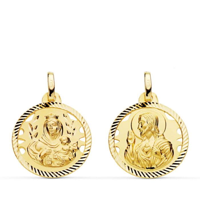 18K ESCAPULARIO ORO AMARILLO HELICE CALADO VIRGEN CARMEN Y CORAZON DE JESUS 18 MM