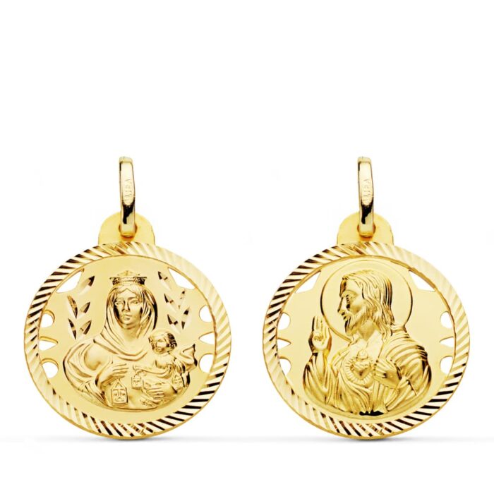 18K ESCAPULARIO ORO AMARILLO HELICE CALADO VIRGEN CARMEN Y CORAZON DE 20 MM