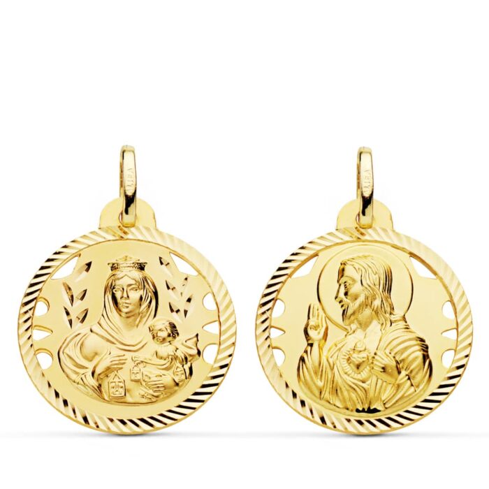 18K ESCAPULARIO ORO AMARILLO HELICE CALADO VIRGEN CARMEN Y CORAZON DE JESUS 22 MM