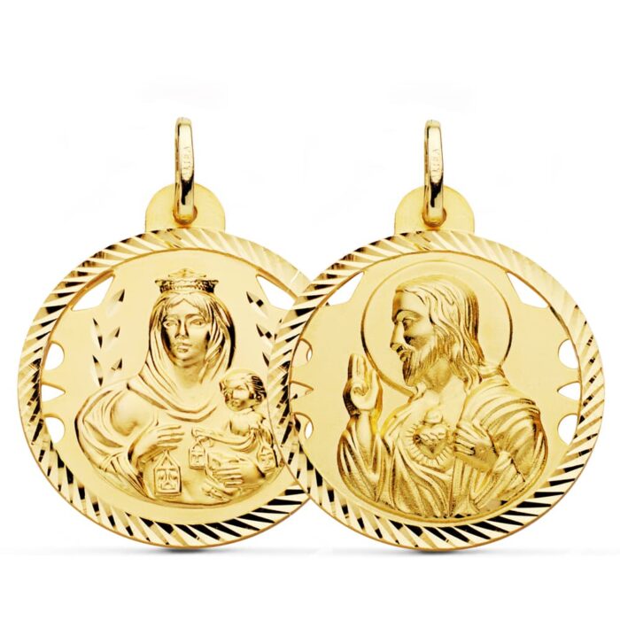 18K ESCAPULARIO ORO AMARILLO HELICE CALADO VIRGEN CARMEN Y CORAZON DE JESUS 28 MM