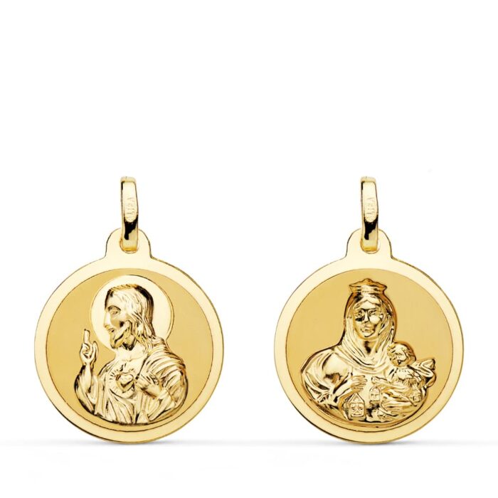 18K ESCAPULARIO ORO AMARILLO ORO AMARILLO BRILLO VIRGEN DEL CARMEN Y CORAZON DE JESUS 18 MM
