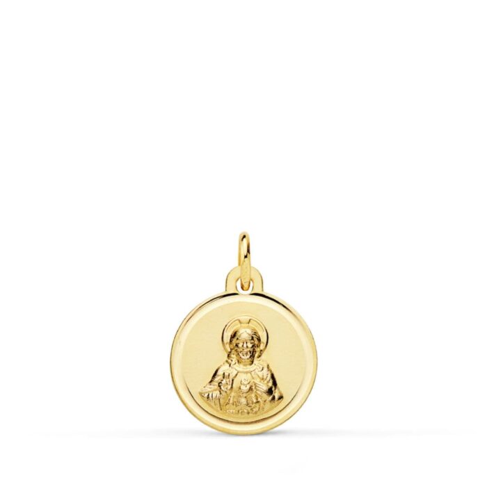 18K MEDALLA ORO AMARILLO CRISTO SAGRADO CORAZON JESUS BISEL 12 MM