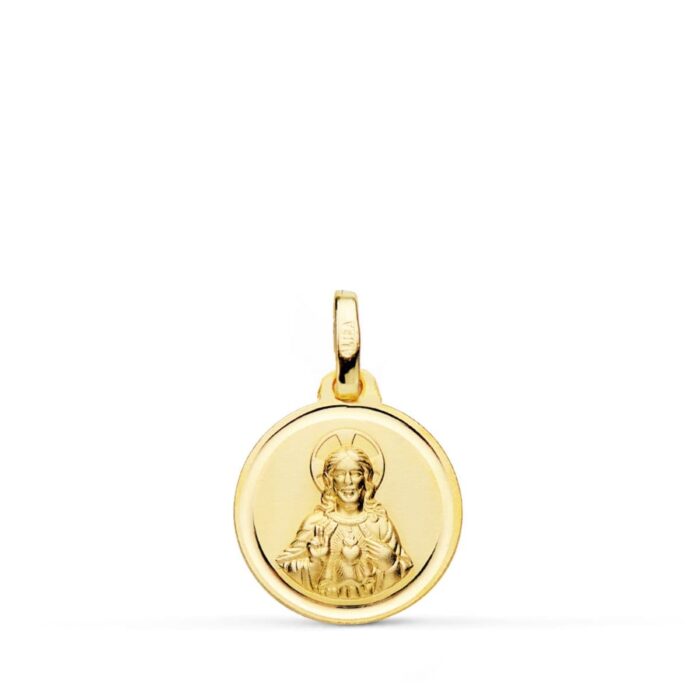 18K MEDALLA ORO AMARILLO CRISTO SAGRADO CORAZON DE JESUS BISEL 14 MM