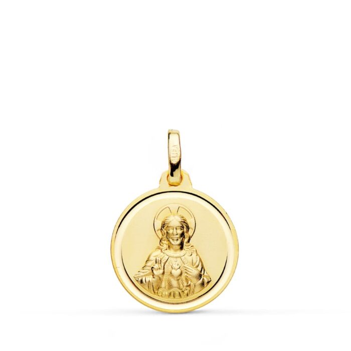 18K MEDALLA ORO AMARILLO CRISTO SAGRADO CORAZON JESUS BISEL 16 MM