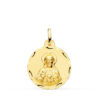 Medalla redonda de oro amarillo de 18k del Sagrado Corazón de Jesús de 20 mm con relieve central matizado y orla exterior con bisel tallado brillante sobre fondo blanco