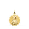 Medalla redonda de oro amarillo de 18k del Sagrado Corazón de Jesús de 18 mm con relieve central matizado y orla perimetral tallada en brillo sobre fondo blanco