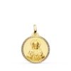 Medalla redonda del Sagrado Corazón de Jesús en oro amarillo de 18k de 18 mm con relieve central matizado y bisel exterior liso brillante sobre fondo blanco