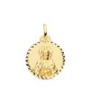 Medalla redonda de oro amarillo de 18k del Sagrado Corazón de Jesús de 20 mm con relieve central matizado y orla exterior con bisel en talla cruzada brillante sobre fondo blanco
