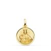 Pequeña medalla redonda de la Virgen del Carmen con el Niño Jesús en oro amarillo de 18k de 16 mm con relieve matizado y bisel exterior liso brillante sobre fondo blanco