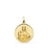Medalla redonda de la Virgen del Carmen con el Niño Jesús en oro amarillo de 18k de 18 mm con relieve matizado y bisel exterior liso brillante sobre fondo blanco