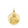 Medalla redonda de la Virgen del Carmen con el Niño Jesús en oro amarillo de 18k de 24 mm con relieve matizado y bisel exterior liso brillante sobre fondo blanco