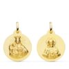 Medalla Escapulario redonda de oro amarillo de 18k de 20 mm con relieves matizados de la Virgen del Carmen y el Sagrado Corazón de Jesús y cerco liso sobre fondo blanco