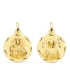 Medalla Escapulario redonda de oro amarillo de 18k de 20 mm con relieves matizados del Sagrado Corazón y la Virgen del Carmen y cerco perimetral tallado brillante sobre fondo blanco