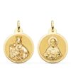 Medalla Escapulario redonda de oro amarillo de 18k de 22 mm con relieves matizados del Sagrado Corazón y la Virgen del Carmen y cerco liso brillante sobre fondo blanco
